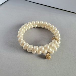 White Faux Pearl Coiled Bracelet Bangle w/ Rhinestone Charm Multi Strand Beaded